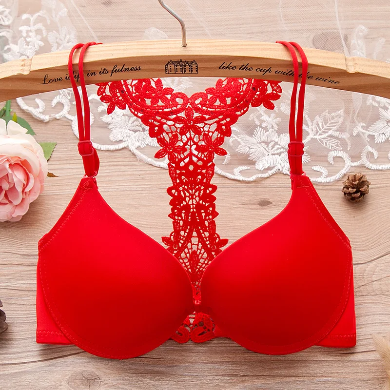 

Lace Y-shaped beautiful back sexy ladies bra solid color flower underwear chest gather adjustment type girl bra front button bra