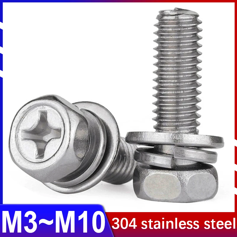 

304 из нержавеющей стали, шестигранная, 3 комбинации винтовая прокладка, пружинная шайба 3 в 1, болт GB9074.13, полость, Шестигранник, M3M4M5M6M8M10