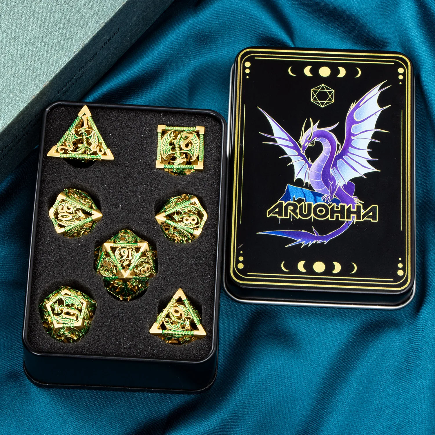 Зеленые металлические многогранные игральные кости Dnd D20 D6 Hollow Dragon D и для