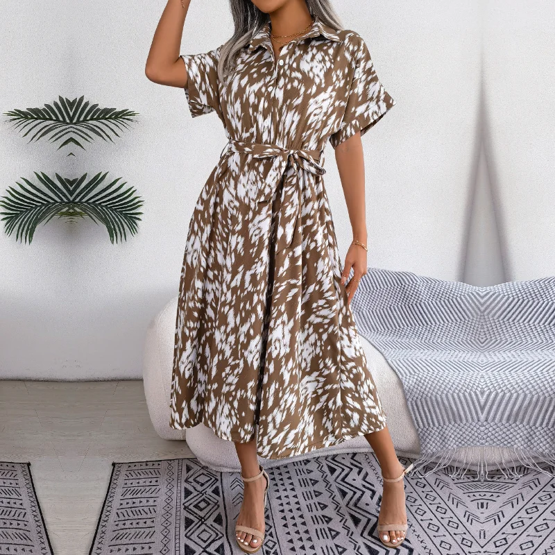 

Женское платье-рубашка с леопардовым принтом DUOFAN, повседневное свободное платье-рубашка средней длины со шнуровкой, лето 2023