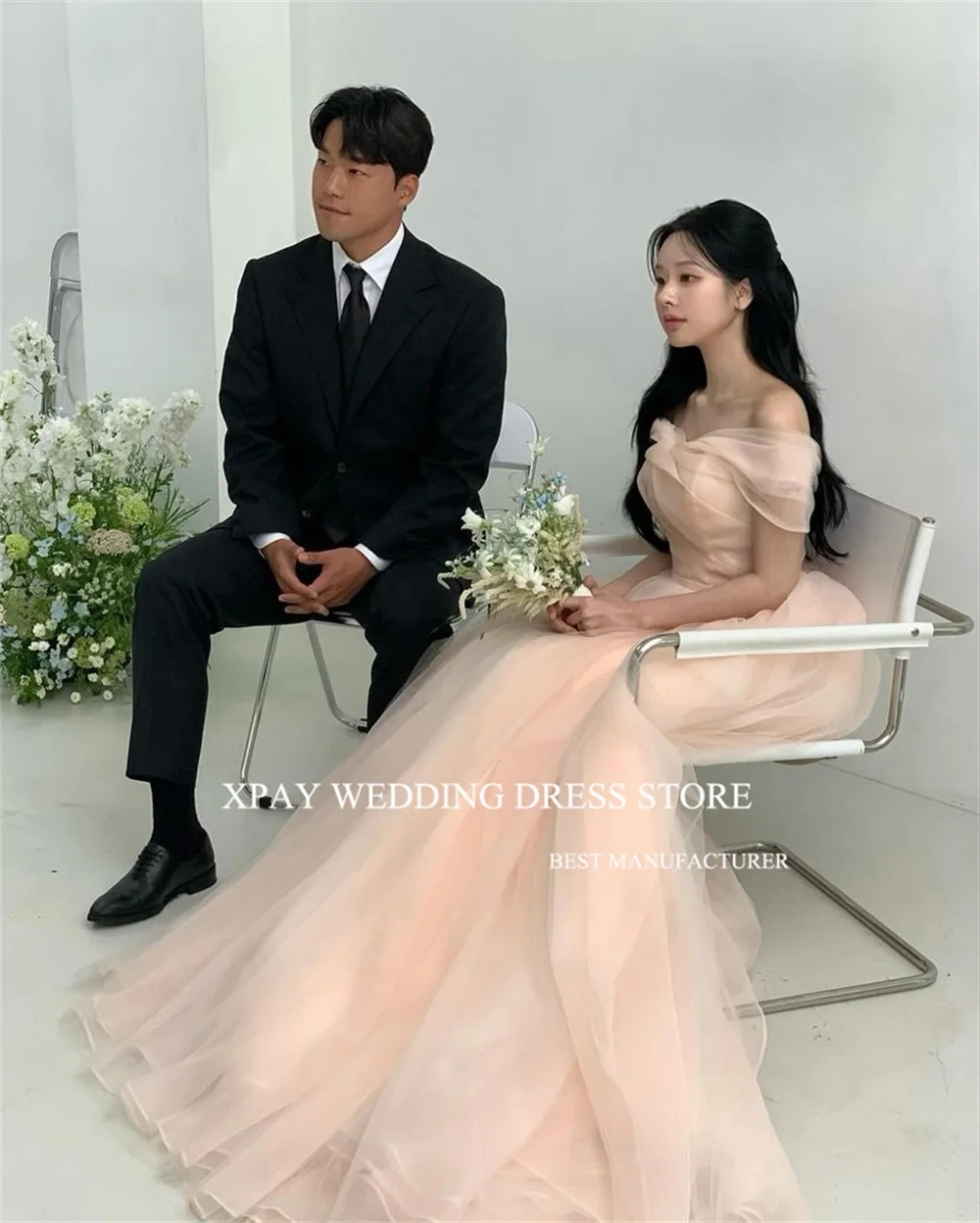 XPAY корейские свадебные платья для стрельбы с открытыми плечами Тюлевое