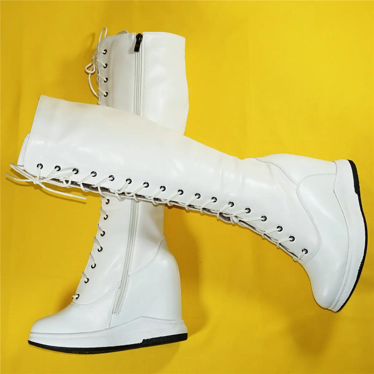 Winter Fashion Sneakers Women Lace Up Genuine Leather Super High Heels Platform Pumps Female Thigh High Snow Boots Casual Shoes