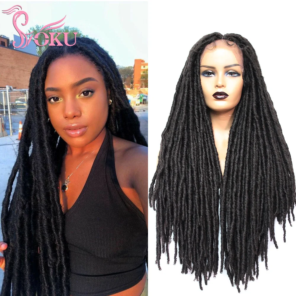 

Braided Lace Front Wigs 26'' Straight Synthetic Wig With Faux locs Dreadlock 1B Crochet Hair Soku Soft Locs Braids Wig For Women