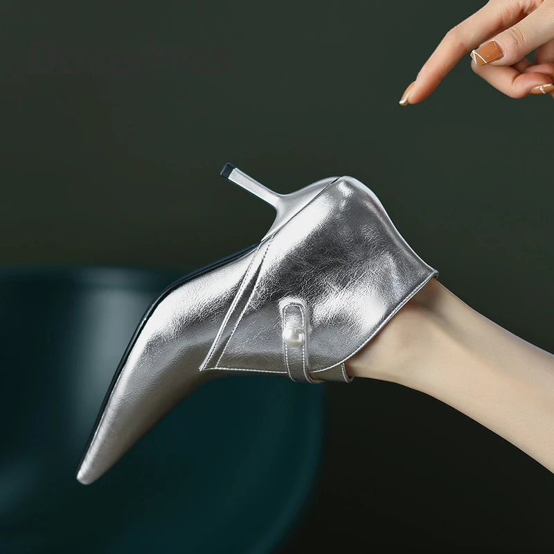 

2022 Winter Woman Fashion Sexy Silver Matin Boots Pointed Toe Ankle Boots Genuine Leather Pure Color 6.5CM Short Boots New 33 40