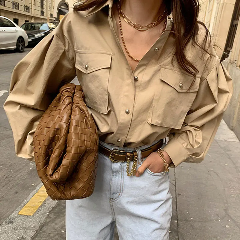 

New Spring Autumn Vintage Turn-down Collar Blouse Shirt Lantern Sleeve Top Blouses Pockets Streetwear Loose Female Shirt 12623