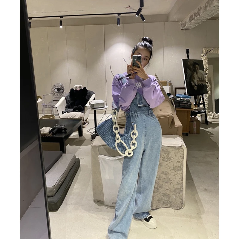

Women Autumn Overalls Suspender Jeans Plus Size Streetwear Baggy Straight Braces Pants Vintage Blue Mom Denim Braces Trouser