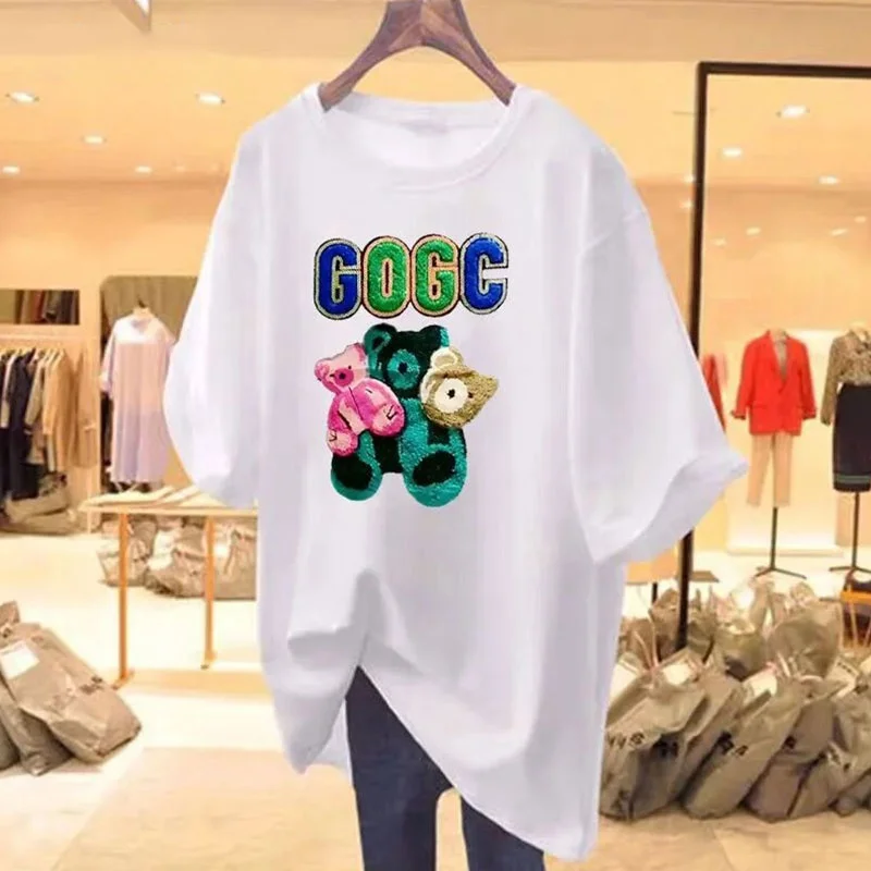 Женская футболка средней длины с коротким рукавом мультяшным принтом для полных