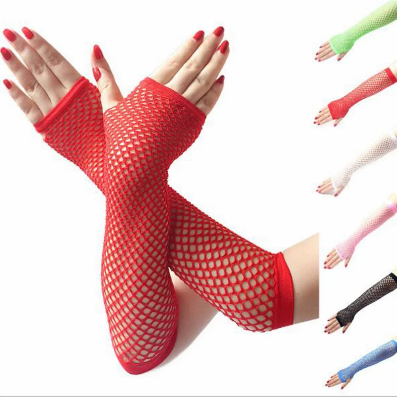 

Женские неоновые сексуальные длинные сетчатые перчатки, сетчатые перчатки без пальцев в стиле панк-рок, Необычные эластичные перчатки для ...