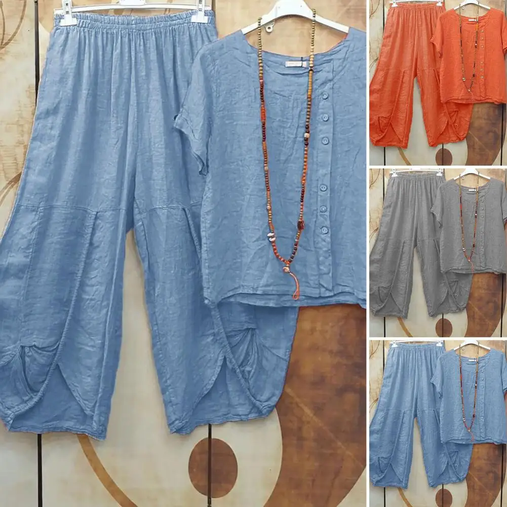 

1 Set Popular T-shirt Pants Relaxed Fit Ladies Two Piece Set Pure Color Patchwork Outfit