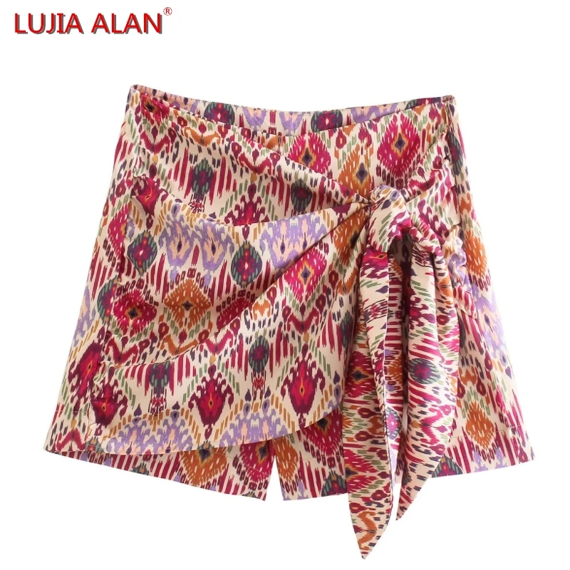 

Summer New Women's Lace Up Bowknot Retro Printed Shorts Skirt Casual Female High Waist Loose Street Clothing LUJIA ALAN P3917