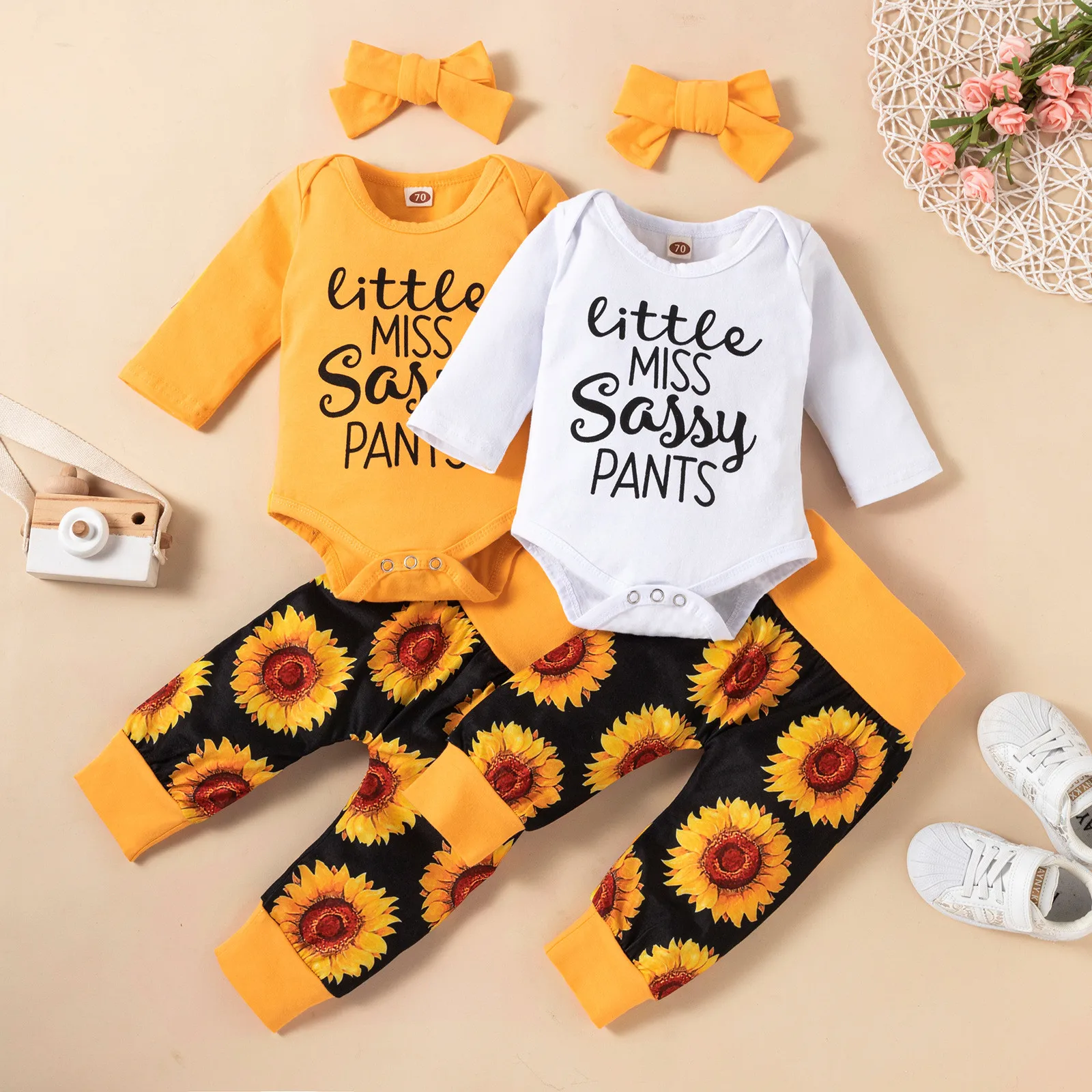 

Infant Baby Girls Two-piece Sets Letter Romper Tops+ Sunflower Floral Pants Girls Baby Items Cute Girls Clothes for Teens