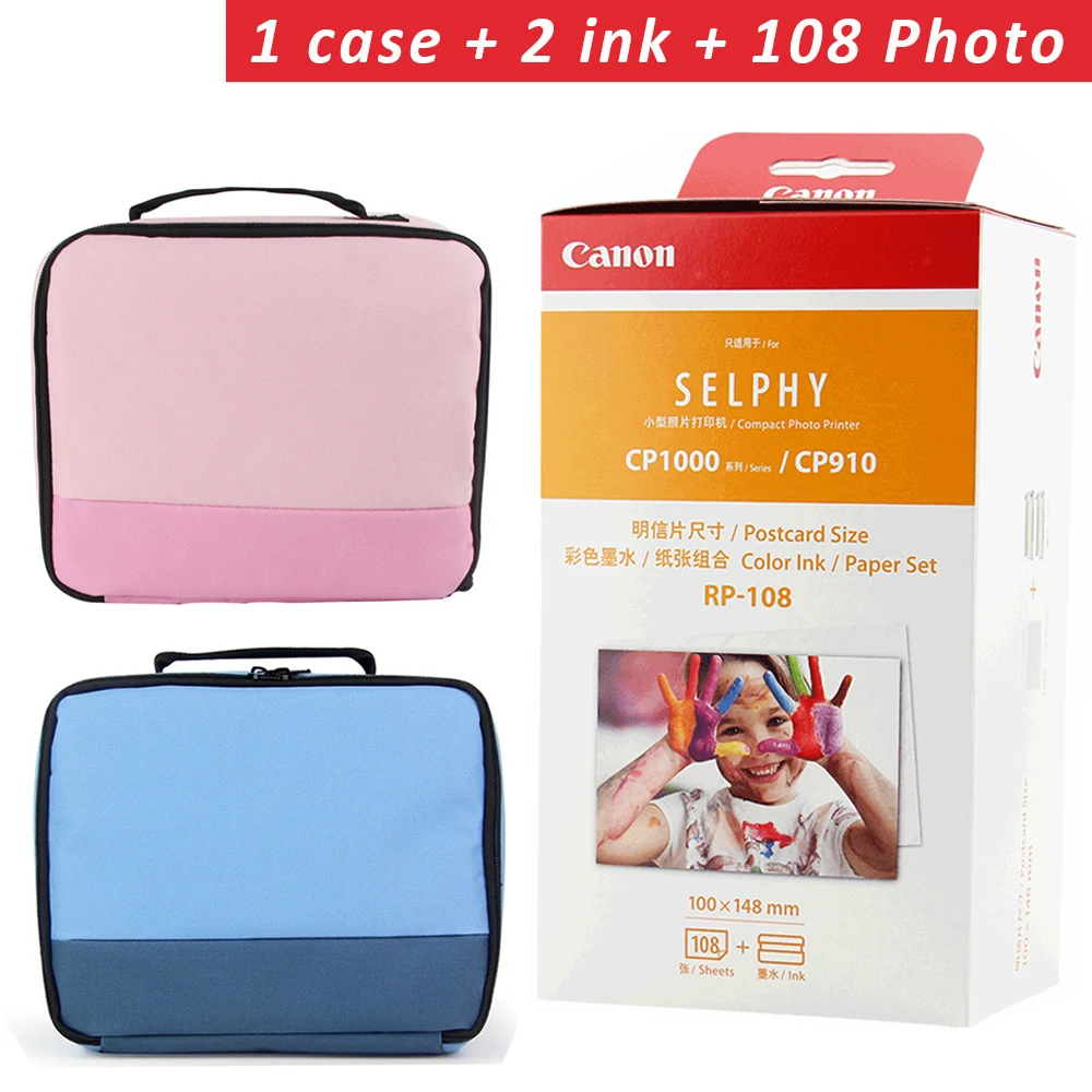 

RP-108 Photo Paper 100*148mm(6inch) sheets add 2 Ink Cartridge and 1 Case for Canon Selphy Printer CP800 CP910 CP1200 CP1300