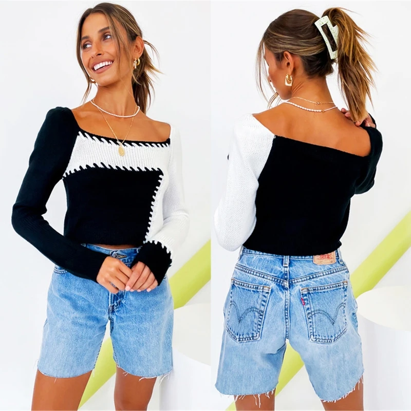 

Womens Long Sleeve Off Shoulder Knitted Crop Top Colorblock Stitching Sweater Drop Shipping