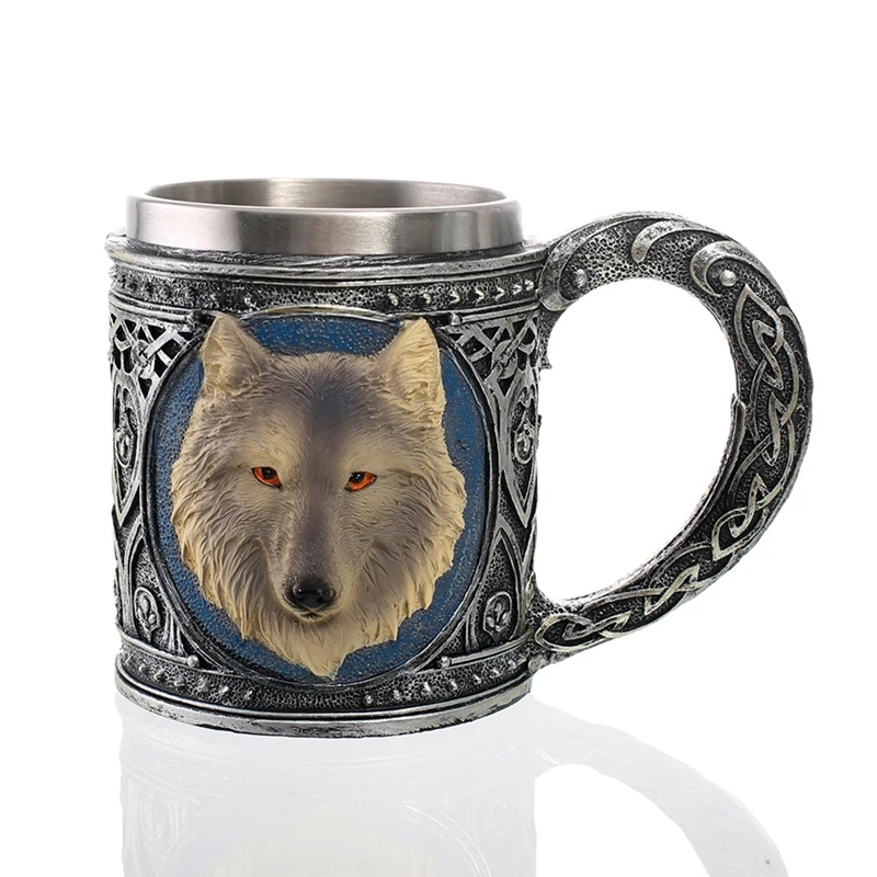 

Hot XD-Wolf Head Stainless Steel Resin Beer Juice Milk Water Cup Home Office Coffee Mug Wine Glasses Whiskey Cups Beer Mug