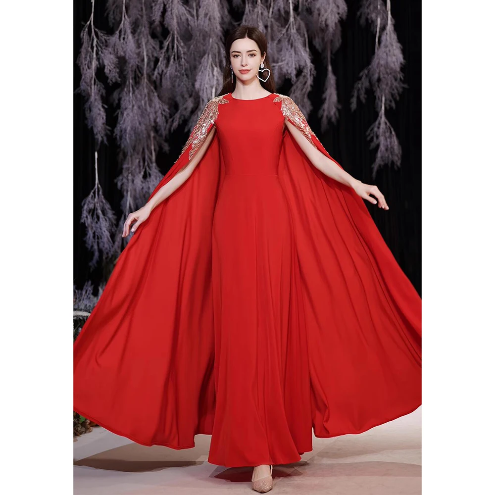

Простое женское платье для выпускного вечера, красное приталенное официальное платье-трапеция до щиколотки с круглым вырезом, французскими бусинами-шальками и жемчужинами, вечернее платье, 2023
