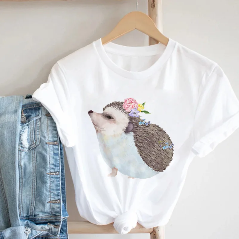 

New T Shirt Female Hedgehog With Flower Woman Tshirts Spring Summer 2022 Tops Easy Matching O-Neck Lady T-shirts Clothing