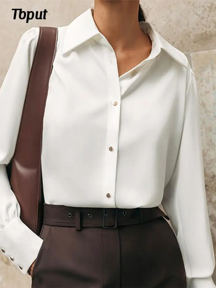 

Женская Повседневная Однотонная рубашка-поло с воротником, Весенняя модная двубортная футболка с длинным рукавом, женские элегантные свис...