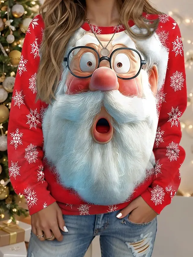 

Женские рождественские толстовки с принтом Санта-Клауса, пуловер с круглым вырезом с длинными рукавами, праздничный уличный стиль, весенне-осенняя праздничная мода