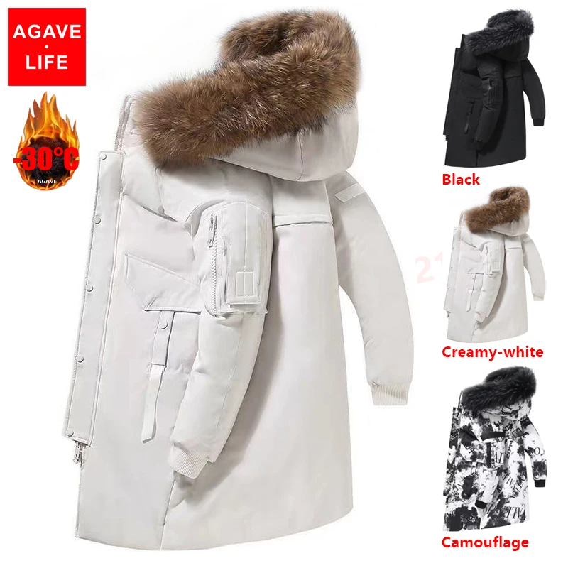 90% White Duck Down Big Fur Collar Couple Down Jacket -30 Degrees Winter Mens Thick Warm Down Jacket Mid Length Male Hooded Coat