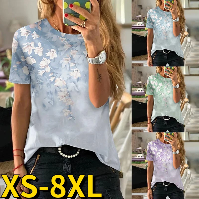 

2022 Summer Women Elegant Women's Fashion Floral Print TShirt Round Neck Basic Tops Casual Street Wear Comfort Temperament Tee