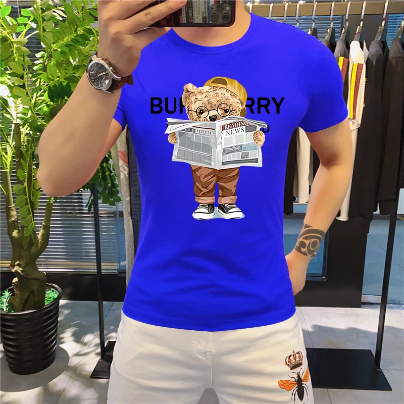 

2023 New Funny Teddy Bear Printing Men's T Shirt Casual Short Sleeve Tops Summer Street Trend Hip Hop Harajuku Oversized Tees