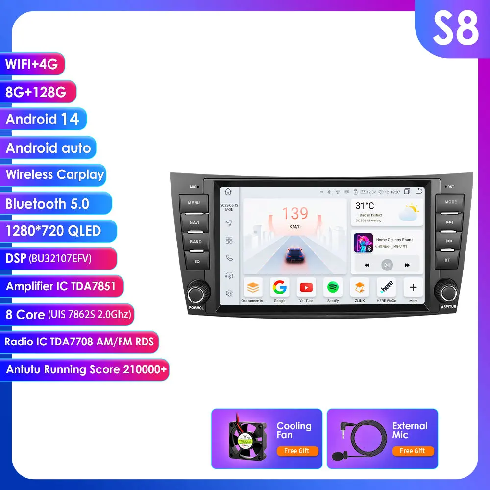 

Hizpo 8 "2 Din автомобильный радиоприемник Carplay для Mercedes-Benz E-class W211 GLS W219 W209 W463 Android 14 Мультимедийный плеер GPS RDS FM BT 4G