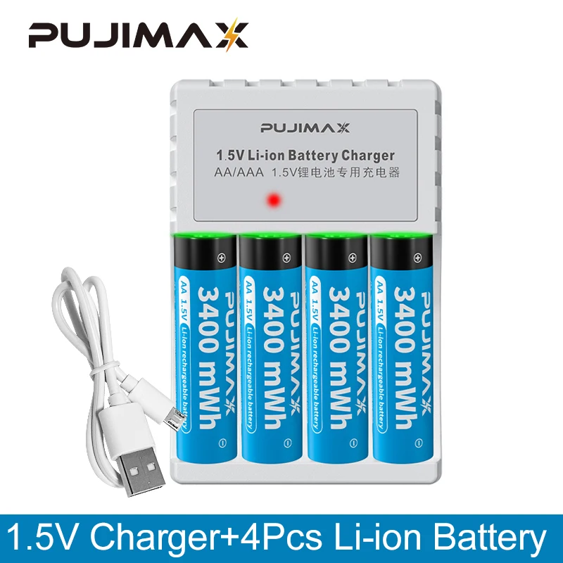 

PUJIMAX 4 Slots Lithium Battery Charger KTV Microphones Dedicated AA 1.5V Lithium Battery 3400mWh Rechargeable Li-ion Battery