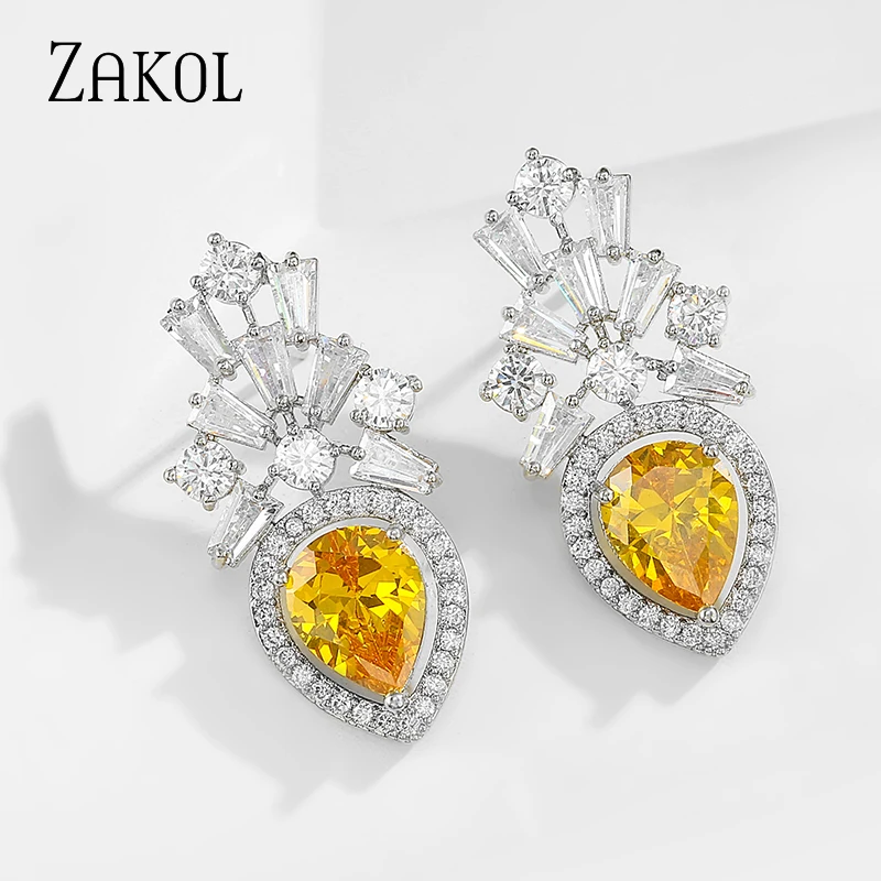 

ZAKOL New Arrival Yellow Water Drop AAA+ Cubic Zirconia Copper Stud Earrings for Women Fashion Jewelry Party Gifts FSEP2459
