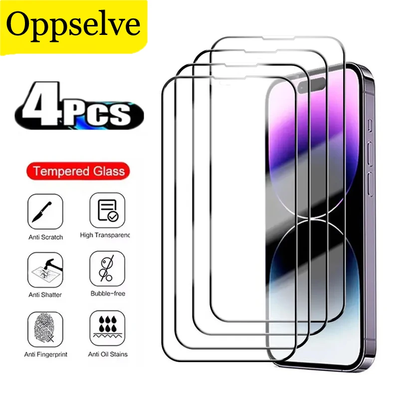 Защитная пленка для экрана телефона из закаленного стекла 4 шт. прозрачная Противоударная HD пленка для iPhone 15 14 13 12 Mini 11 Pro Max X XR XS 8 7 6 Plus