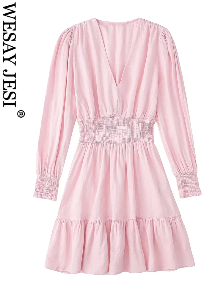 

WESAY JESI Pink Elegant Cute Short Ladies Dress Solid Color Cotton Comfortable V-Neck Pullover Long Sleeve Elastic Women's Dress