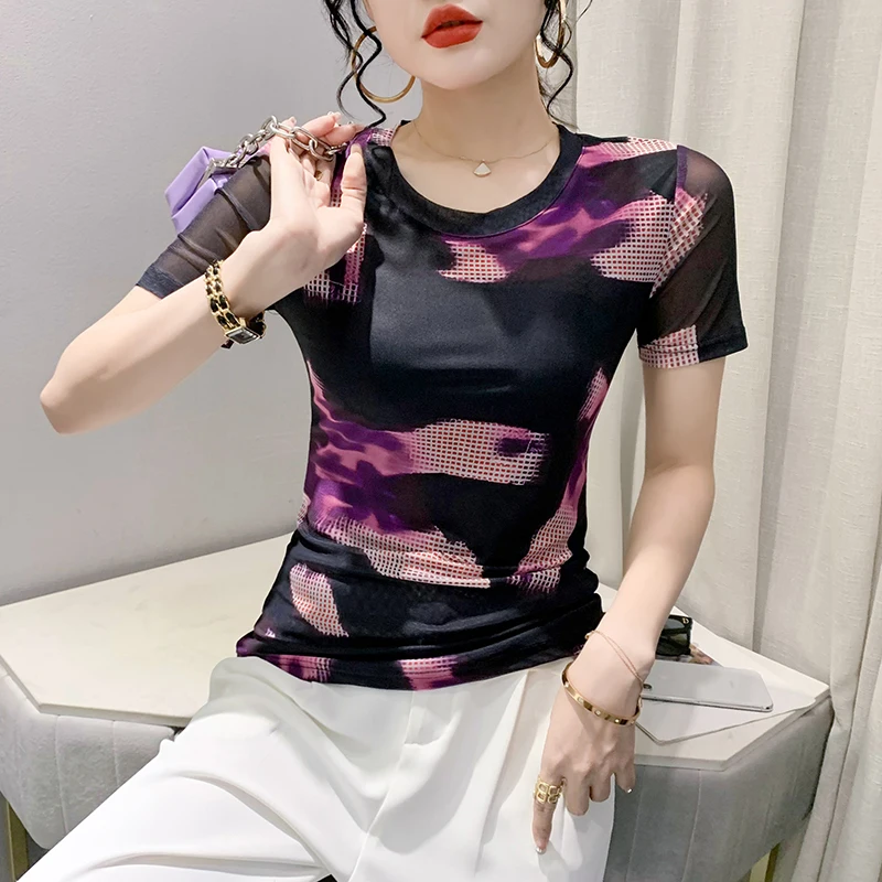 

Женская футболка с круглым вырезом, тонкая Сетчатая футболка с коротким рукавом и принтом, в европейском стиле, модель 2023 на лето, 35180