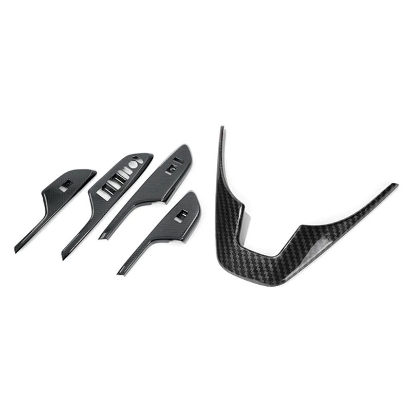 

1Pcs ABS Steering Wheel Cover Sticker Trim & 4Pcs Armrest Window Rise Lift Down Control Switch Door Lock Panel Cover