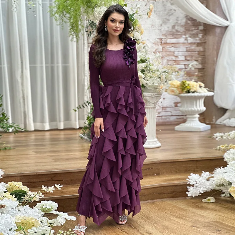 Плиссированное платье 2025 года с рюшами женское повседневное макси