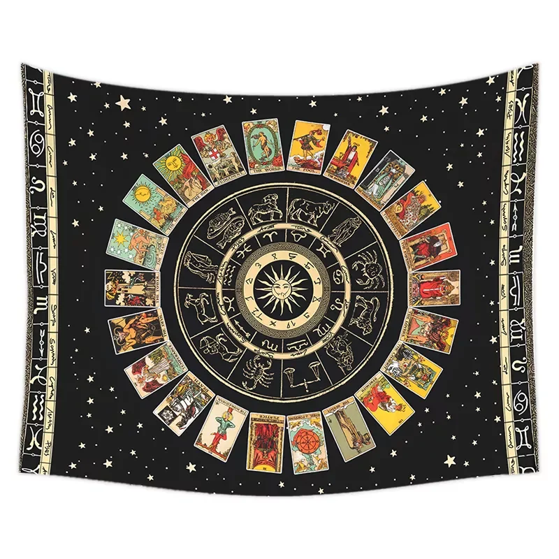 

Mandala Tarot Card Tapestry Wheel of the Zodiac Astrology Chart & the Major Arcana Tarot Sun and Moon Wall Hanging Home Decor