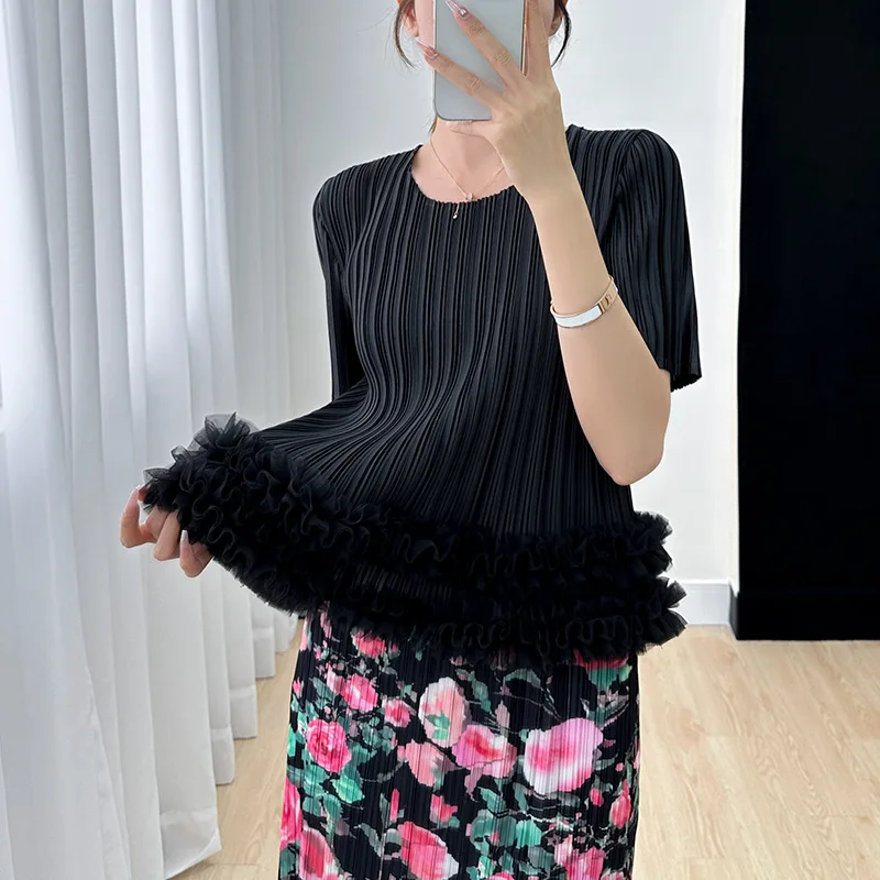 

Miyake High-Grade Gentle Fashionable Pleated Top Women's Slim Fit Slimming 2023 Summer New All-Match Pleated T-shirt