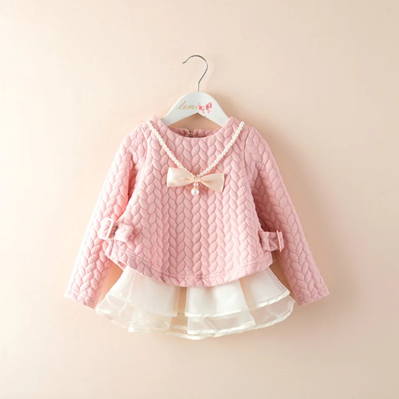 

Kids Clothes Girls Dress Bowknot Two Fake Pieces Casual Children Sweater Lovely Sweet Fashion Spring Autumn Warm Casual Solid