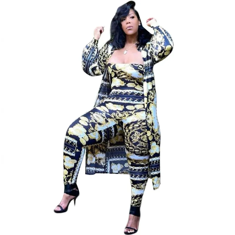 

Vintage Spring Three Piece Set Women Sexy Suspenders Long Pants Cape Jacket 3 Piece Set Autumn Stretch Pants African Clothing