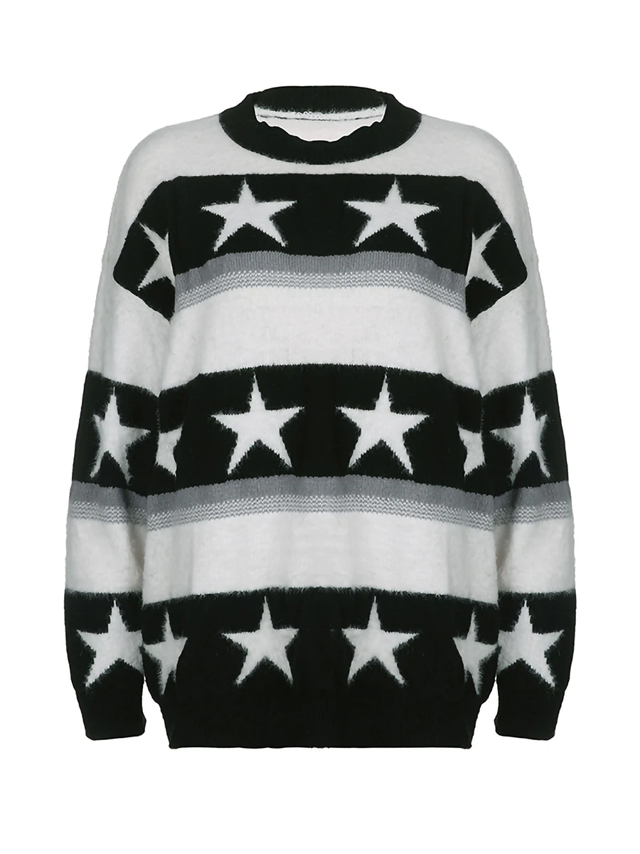 

Женский трикотажный свитер контрастных цветов, повседневный Свободный пуловер оверсайз с длинным рукавом и принтом звезд, Осень-зима