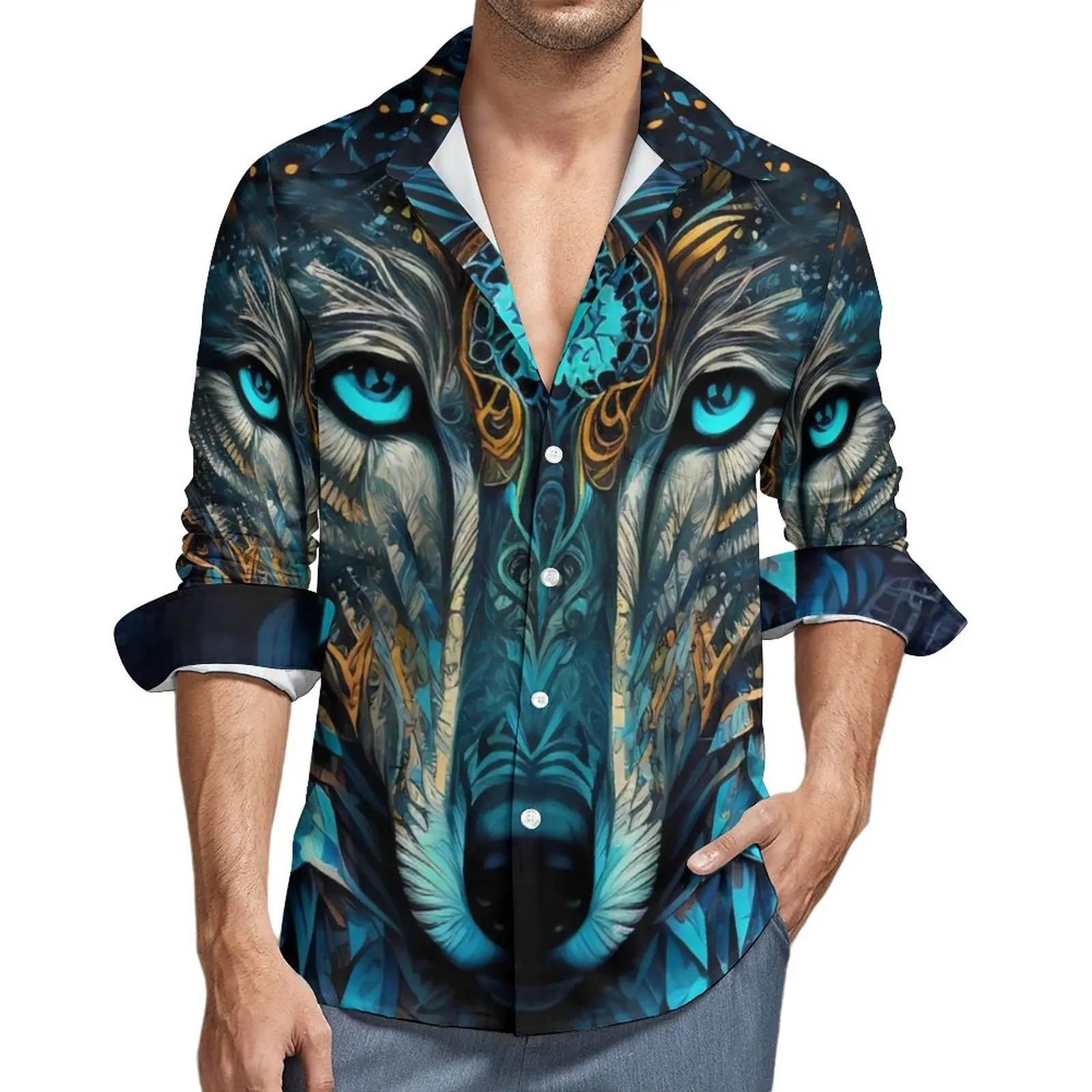   만다라 늑대 남성용 세련된 캐주얼 셔츠, 재미있는 동물 셔츠, 용수철 루즈 블라우스, 긴팔 맞춤형 오버사이즈 의류 