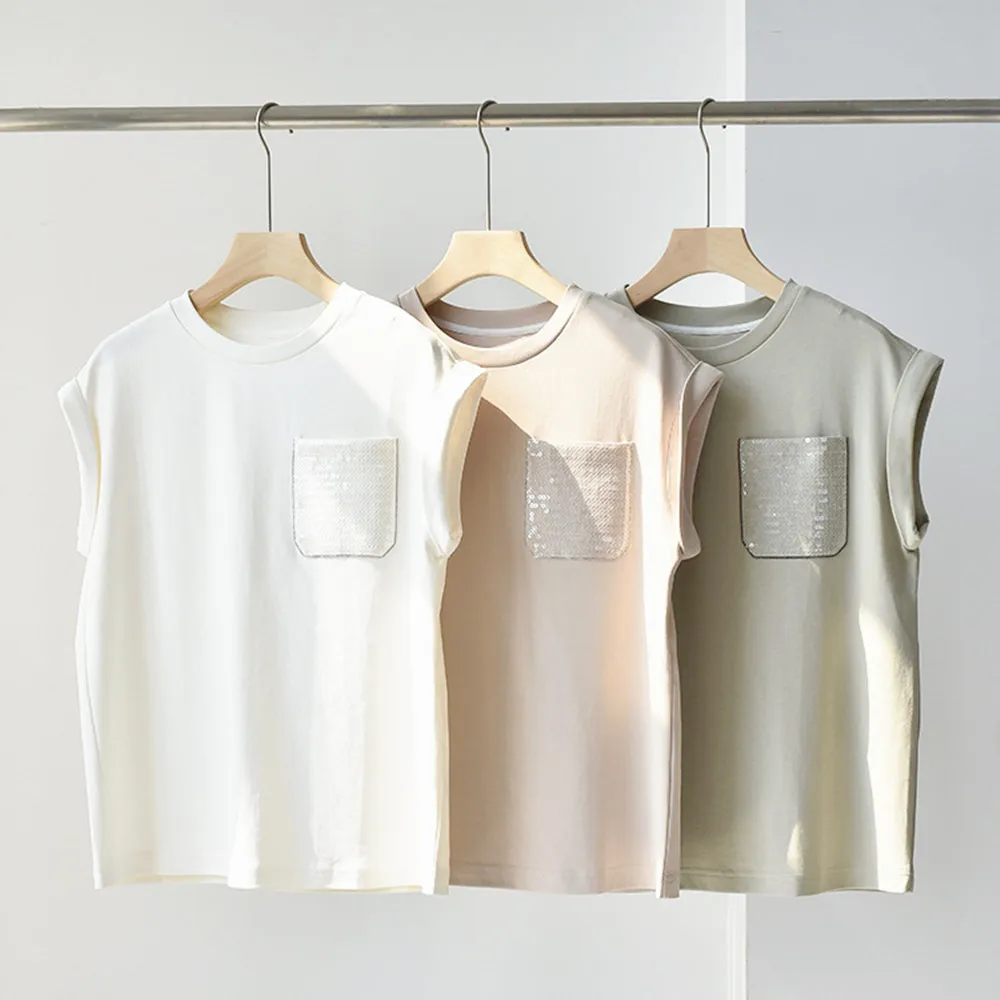 

Women T-Shirt Sequin Embroidery Short Sleeve Tees