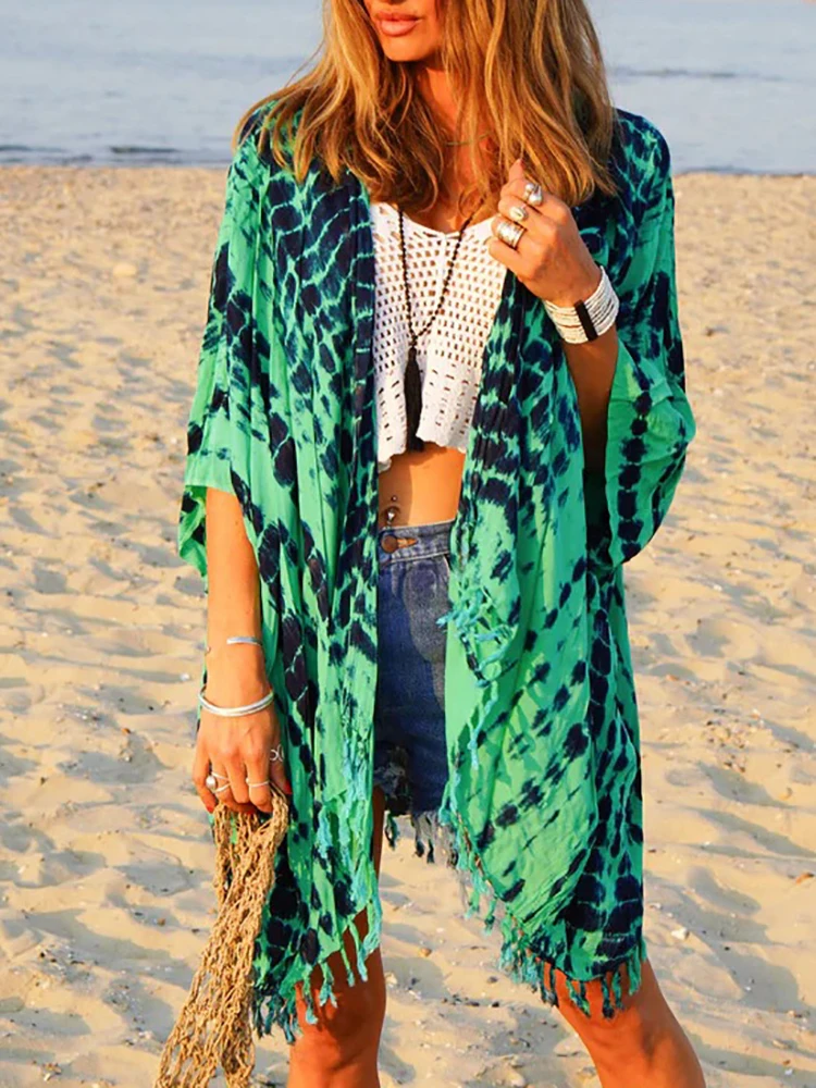 

2023 New Tassel Sun Protective Clothing Women Loungewear Half Batwing Sleeve Cape V-Neck Printing Beach Style Ladies Outerwear