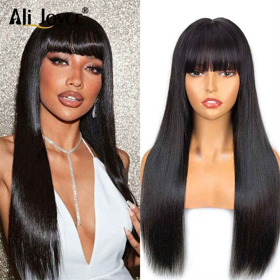 Full Machine Made Glueless Straight Human Hair Wigs Peruvian Remy Hair Wig For Black Women Natural Color Straight Wig With Bangs