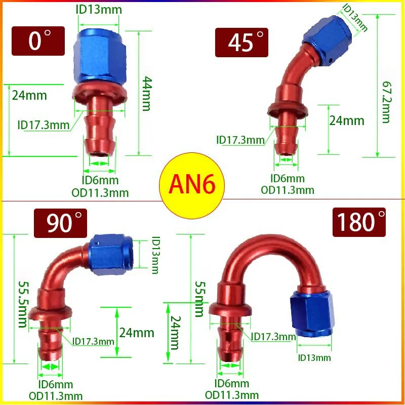 Фото AN4 AN6 AN8 AN10 AN12 Фитинги для нажимного шланга Фитинг для шланга масляного радиатора 0, 45, 90 180 градусов Переходник для подключения Красный Синий №3