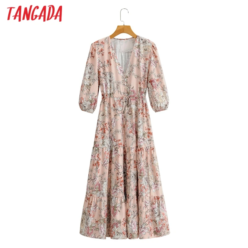 

Tangada Spring Fashion Women Pink Flowers Print V Neck Dress Long Sleeve Office Ladies Midi Dress SY180