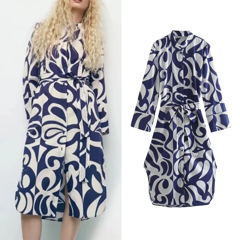 

Женское платье-миди с поясом, элегантное офисное платье-трапеция с геометрическим принтом, о-образным вырезом и длинным рукавом, весна 2022