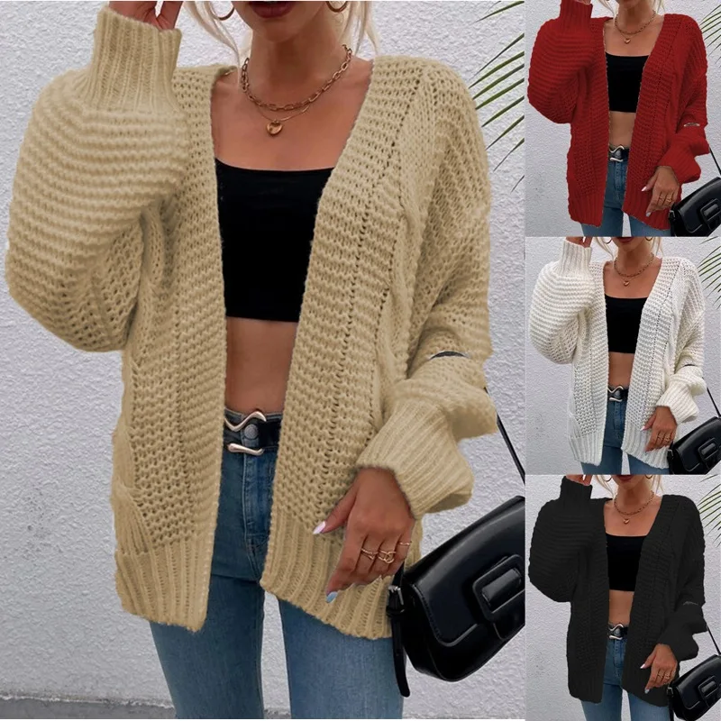 Купи Women's casual cardigan long sleeve thick knitting fried dough twist rope cardigan sweater loose lantern sleeve jacket women за 456 рублей в магазине AliExpress