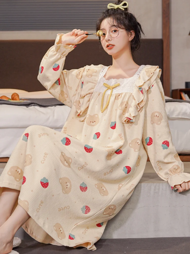 Nightdress Women Spring and Autumn Pure Cotton Long sleeve 2024 New Winter Plus size Gentle Pregnant Women's Pajam...