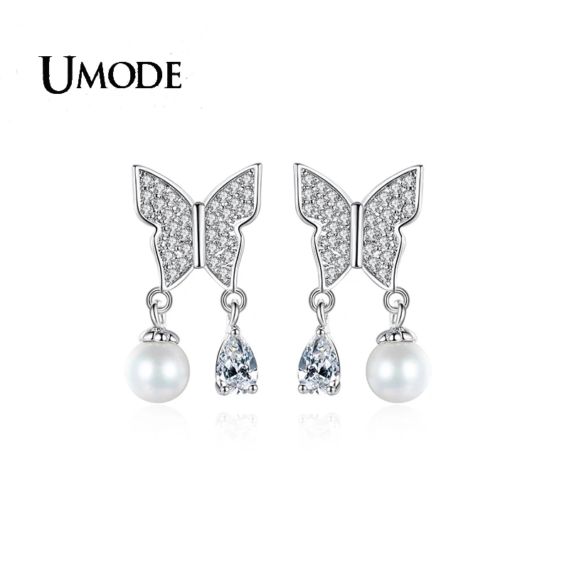 

UMDOE Butterfly Pearl Jewelry Stud Earrings for Women Rhodium Plated Irregular CZ Boucle D'Oreille Femme Bijoux Wholesale UE0810