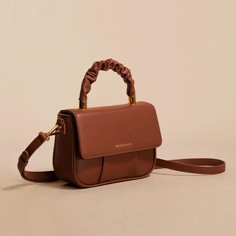 Mini Genuine Leather Crossbody Bag Fashion Casual Handbag and Purse for Female Solid Color Zipper Pleated Bag Messenger Bag