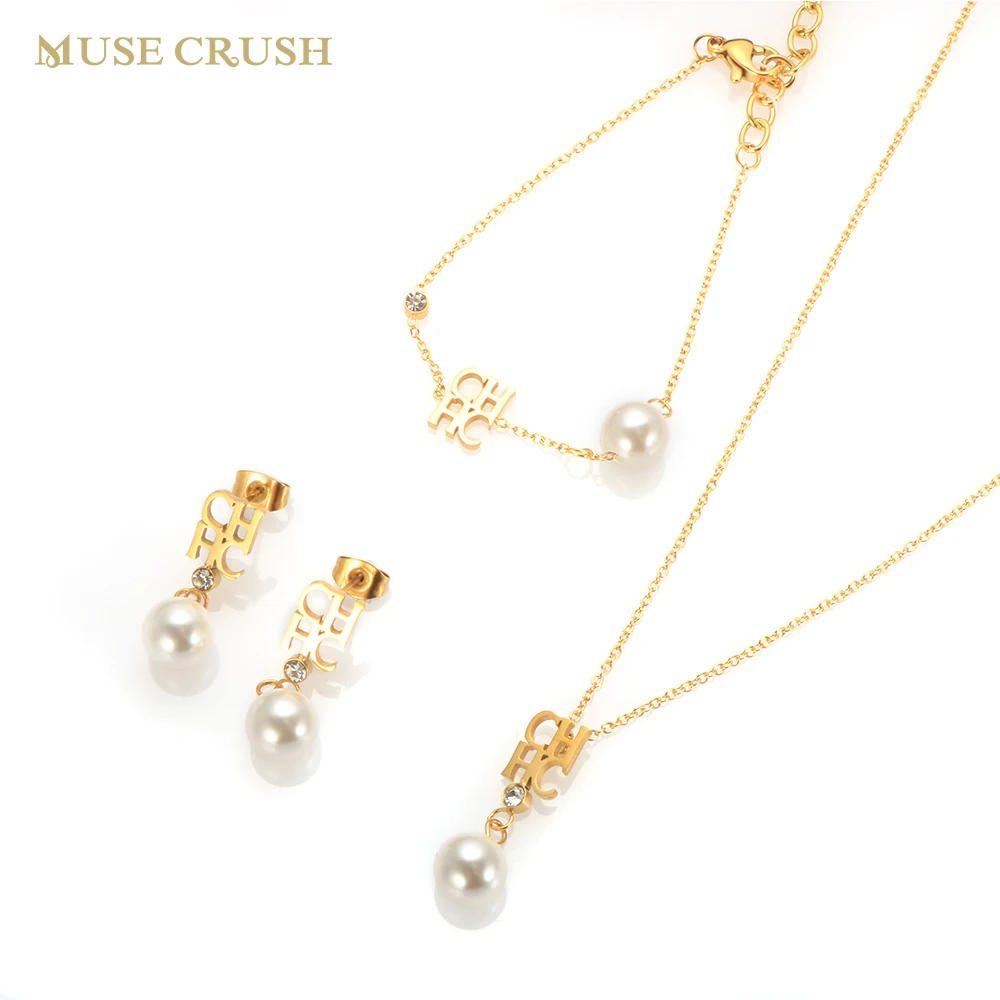 

Mush Crush Stainless Steel Cuff Letter Pearl Charm Pendant Necklace Stud Earrings Bracelet For Women Girl Trendy Jewelry Set